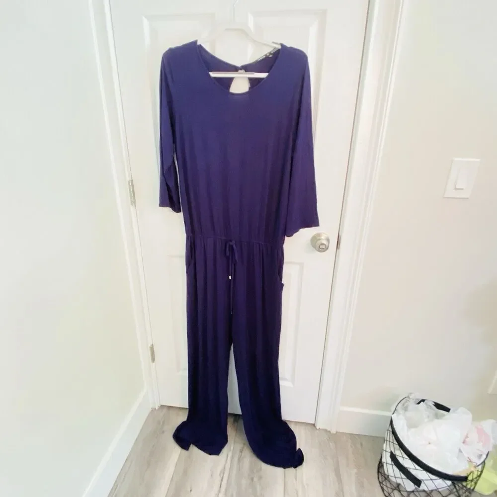 Annabelle 3/4 Sleeve Gathered Waist Navy Knit Jumpsuit with Keyhole Back Lge NWT